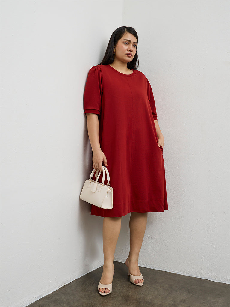 Gia Red Solid Cotton A-Line Dress