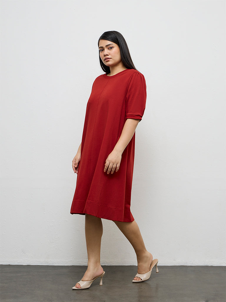 Gia Red Solid Cotton A-Line Dress