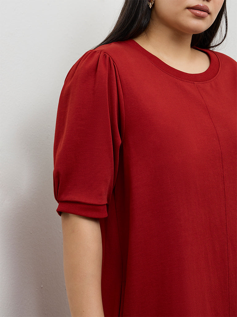 Gia Red Solid Cotton A-Line Dress