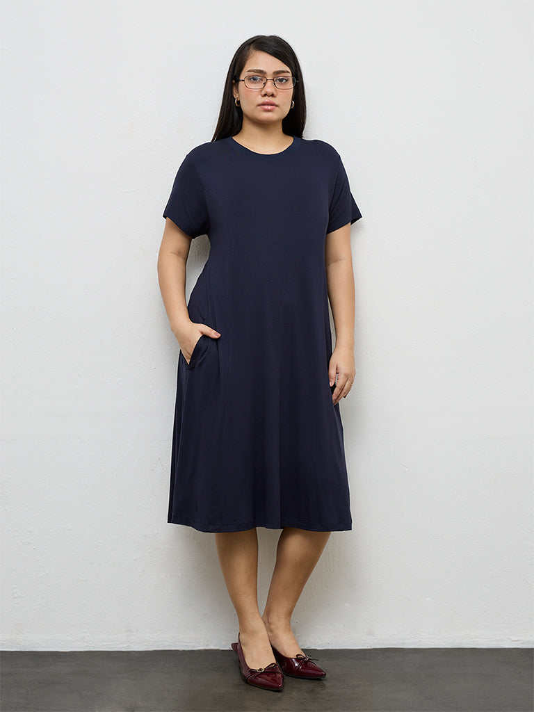 Gia Navy Solid Cotton A-Line Dress