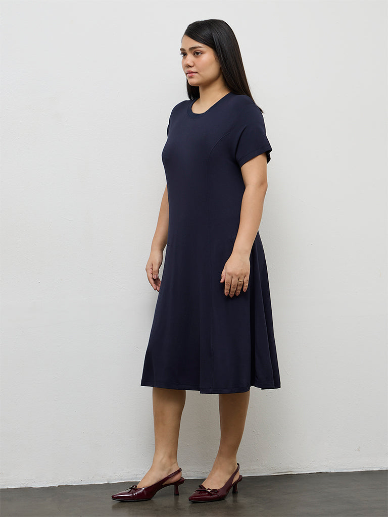 Gia Navy Solid Cotton A-Line Dress