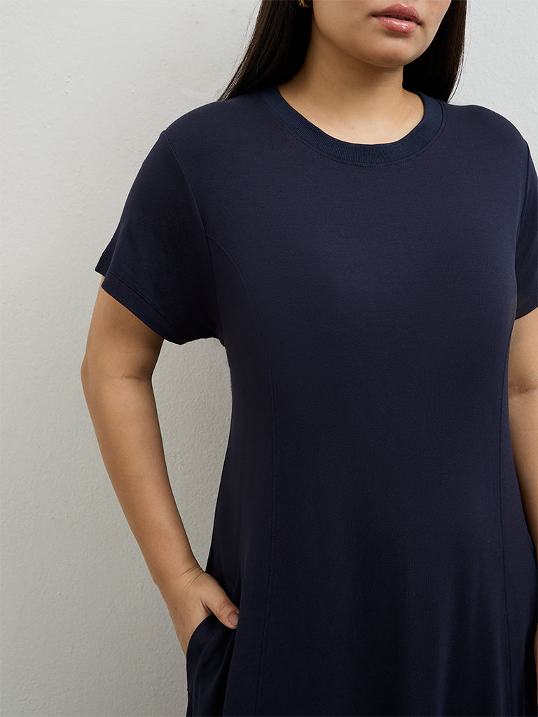 Gia Navy Solid Cotton A-Line Dress