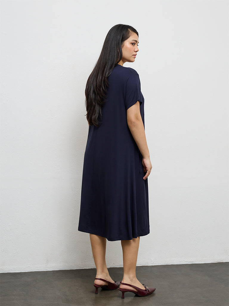 Gia Navy Solid Cotton A-Line Dress