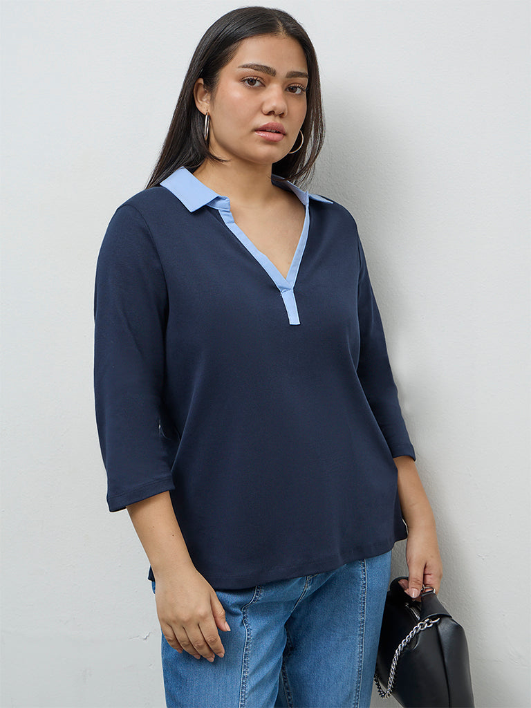 Gia Navy Contrast-Detail Cotton T-Shirt