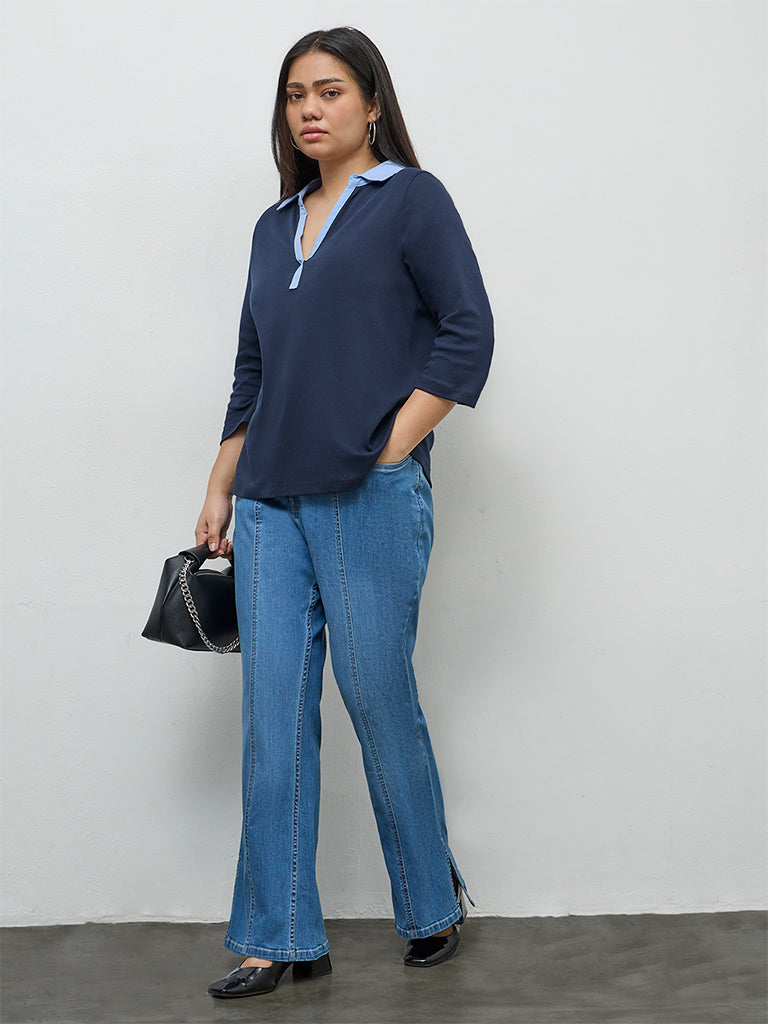 Gia Navy Contrast-Detail Cotton T-Shirt