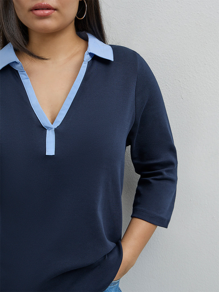 Gia Navy Contrast-Detail Cotton T-Shirt