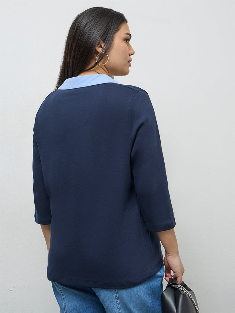 Gia Navy Contrast-Detail Cotton T-Shirt