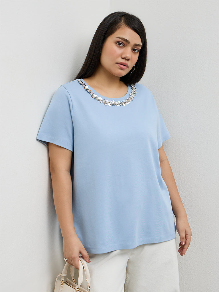 Gia Blue Embellished Cotton T-Shirt