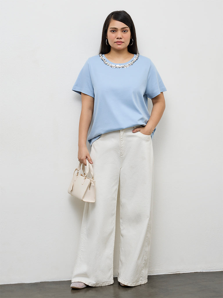 Gia Blue Embellished Cotton T-Shirt