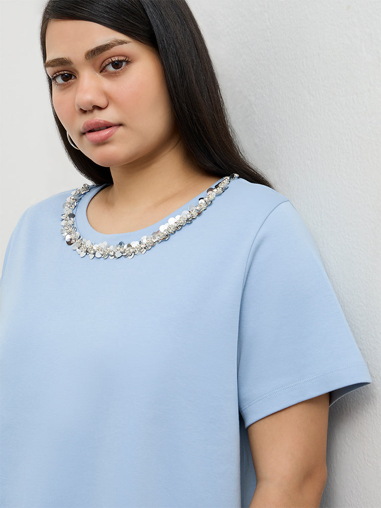 Gia Blue Embellished Cotton T-Shirt