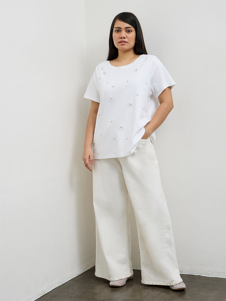 Gia White Embellished Cotton T-Shirt
