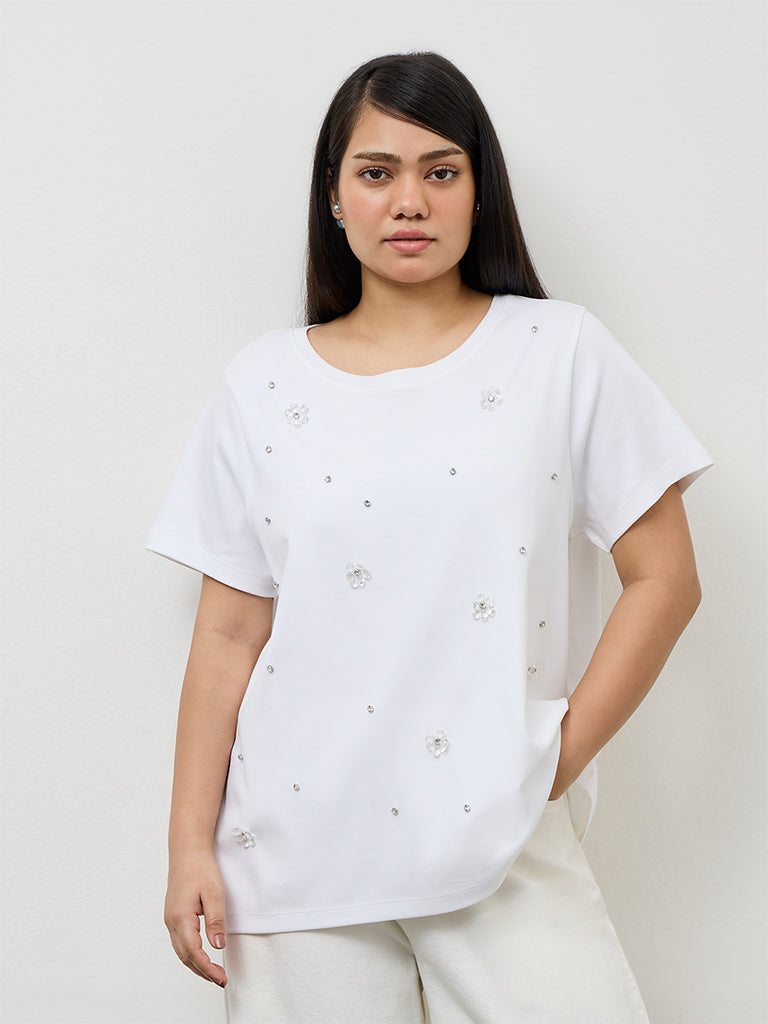 Gia White Embellished Cotton T-Shirt