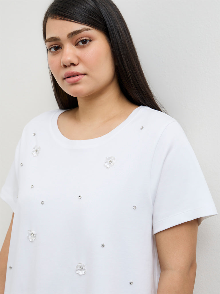 Gia White Embellished Cotton T-Shirt