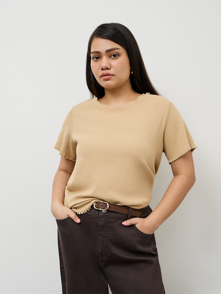 Gia Beige Ribbed-Textured Cotton-Blend T-Shirt