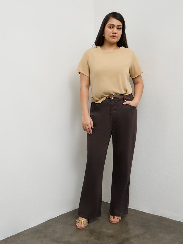 Gia Beige Ribbed-Textured Cotton-Blend T-Shirt