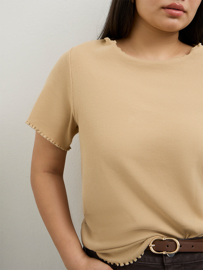 Gia Beige Ribbed-Textured Cotton-Blend T-Shirt