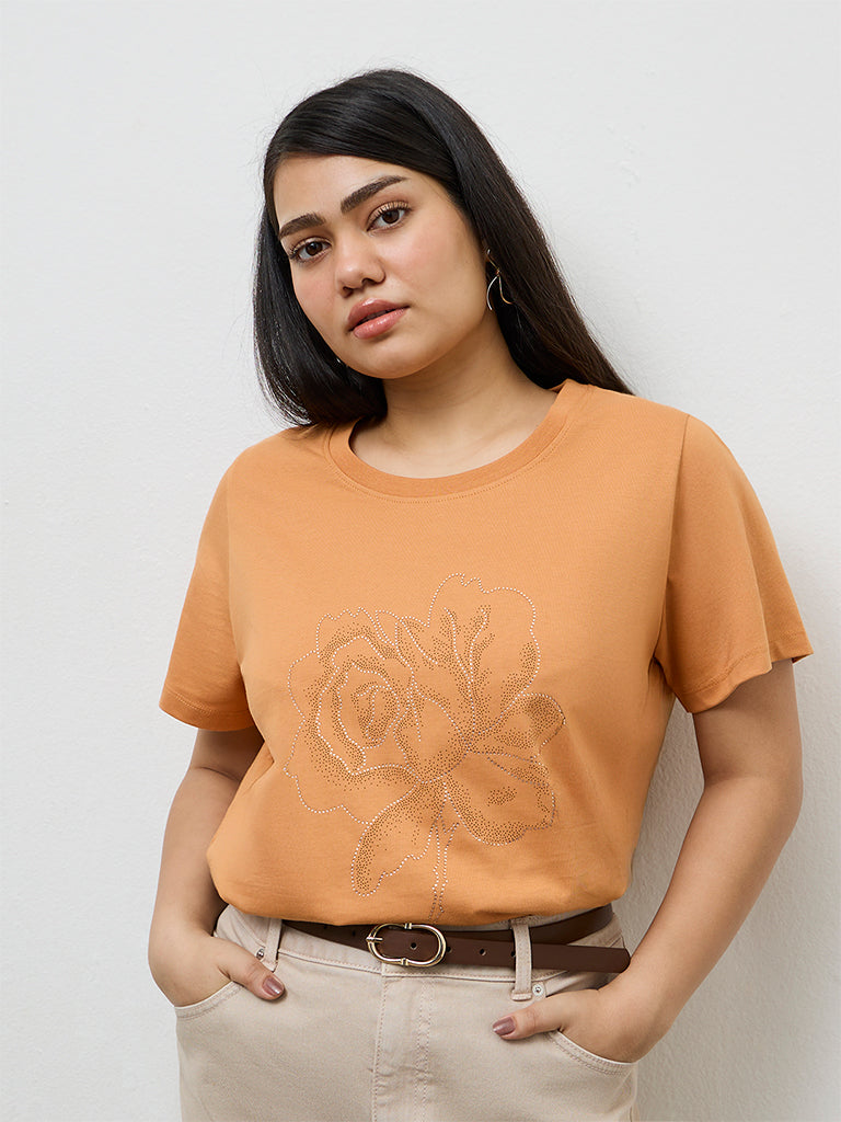 Gia Orange Floral Design Cotton T-Shirt