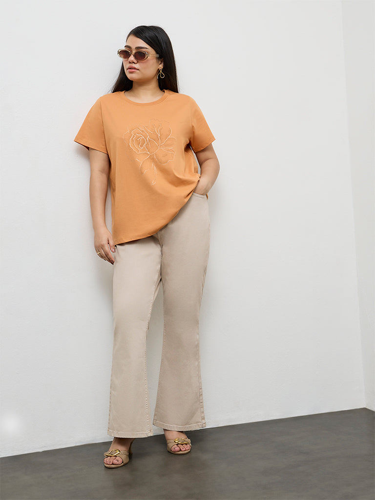 Gia Orange Floral Design Cotton T-Shirt
