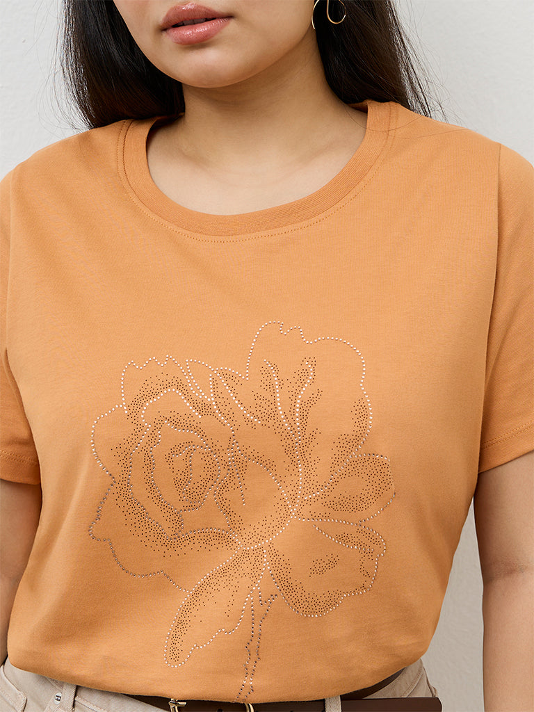 Gia Orange Floral Design Cotton T-Shirt