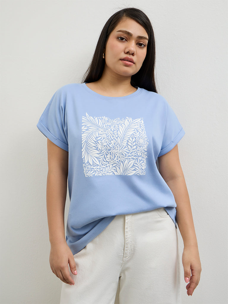 Gia Blue Foliage Printed Cotton T-Shirt