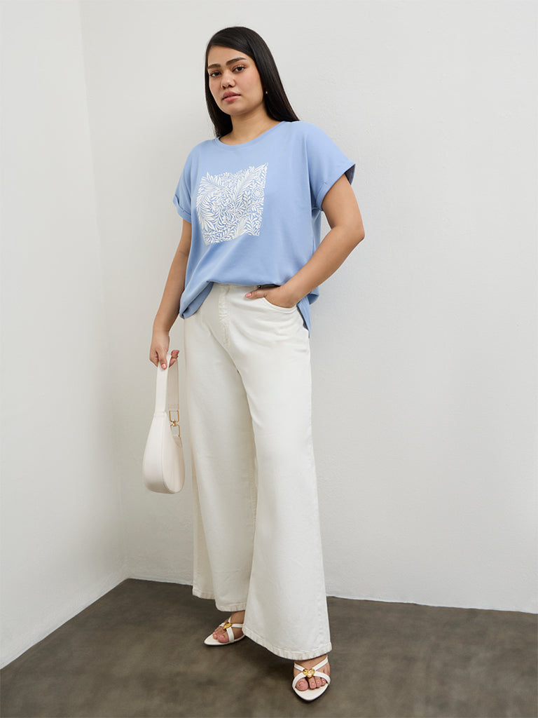 Gia Blue Foliage Printed Cotton T-Shirt