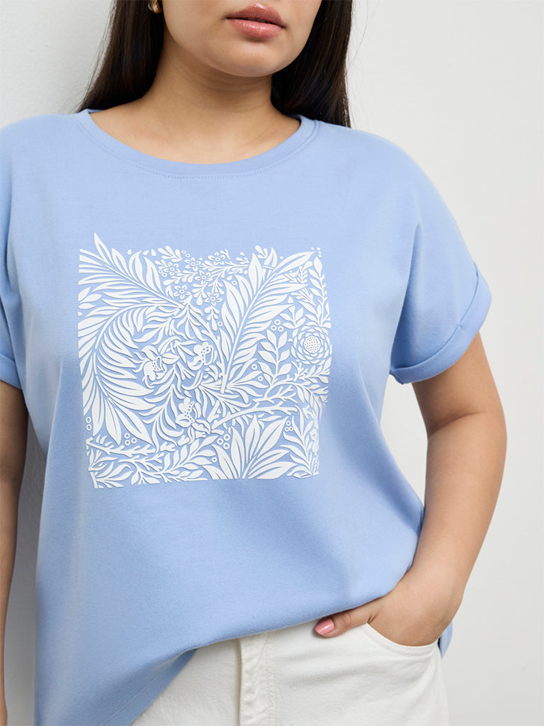 Gia Blue Foliage Printed Cotton T-Shirt