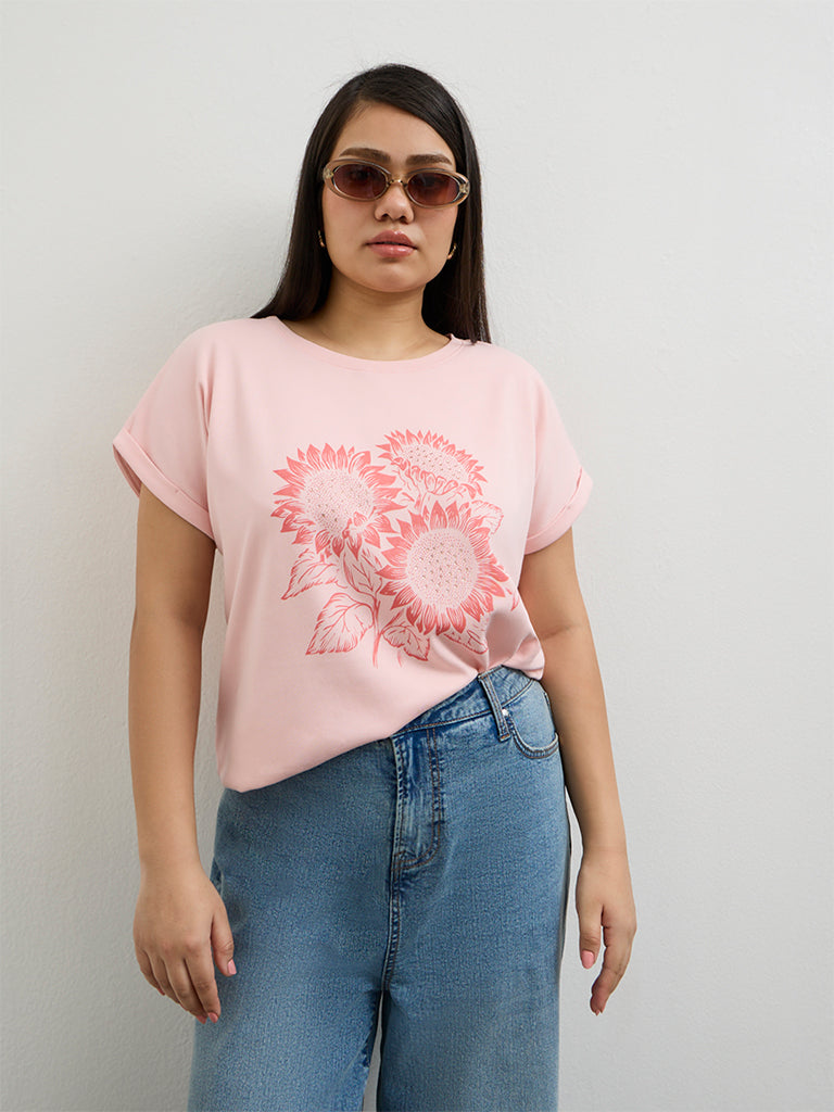 Gia Light Pink Floral Printed Cotton T-Shirt