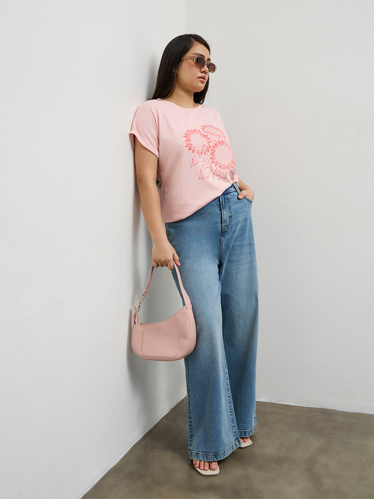 Gia Light Pink Floral Printed Cotton T-Shirt