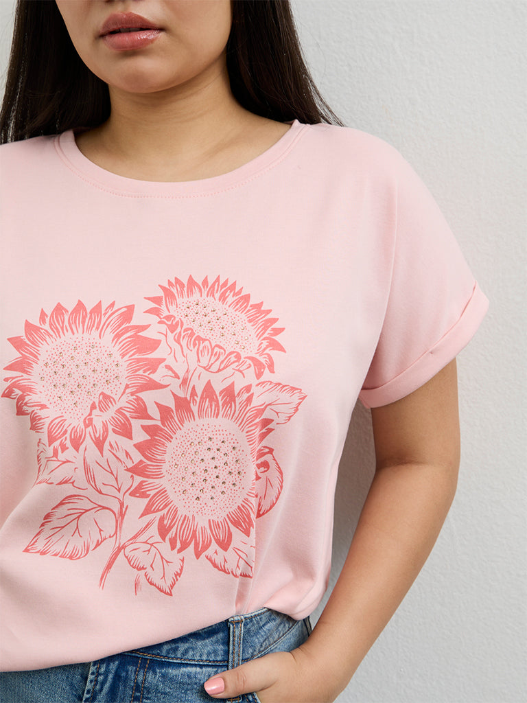 Gia Light Pink Floral Printed Cotton T-Shirt