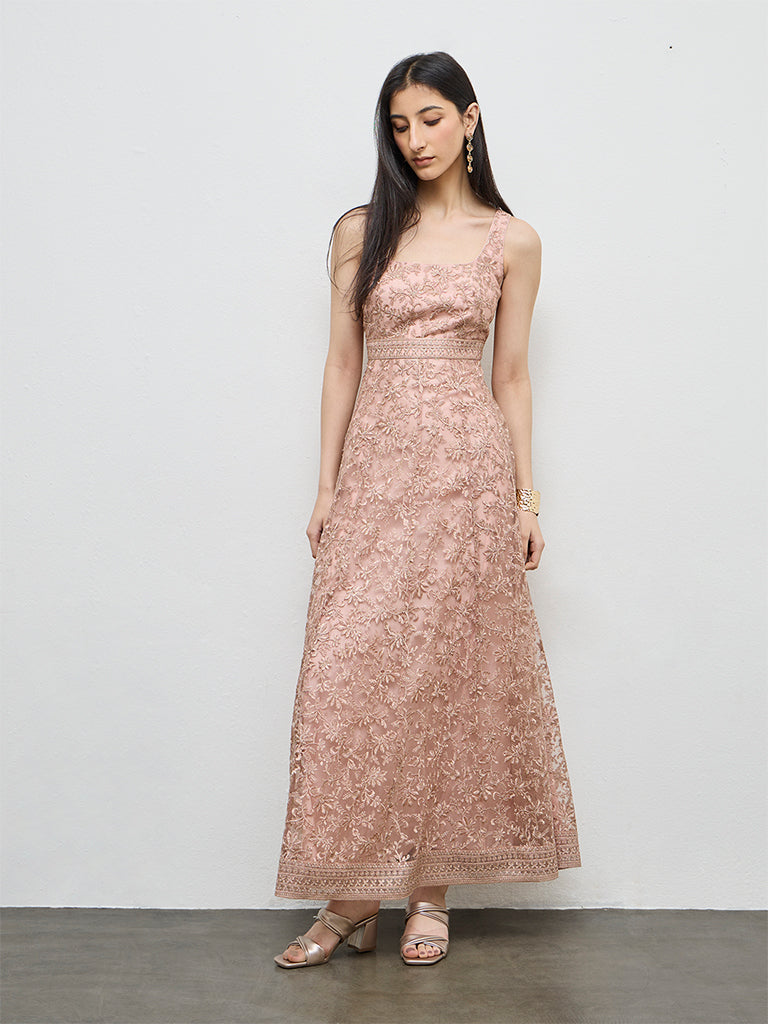 Vark Dusty Pink Floral Embroidered A-Line Dress