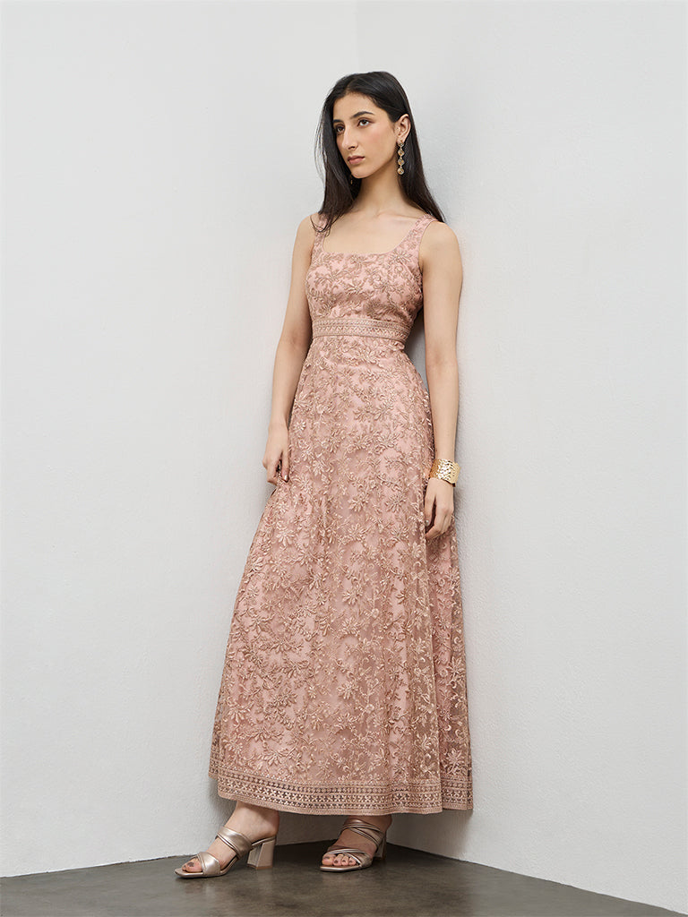 Vark Dusty Pink Floral Embroidered A-Line Dress