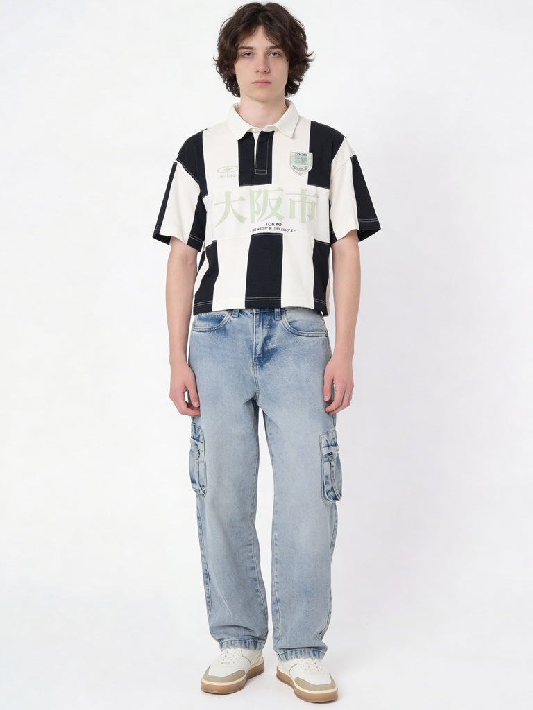 Boys Black Striped Cotton Polo T-Shirt