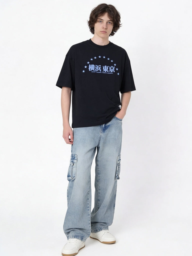 Boys Black Printed Cotton T-Shirt
