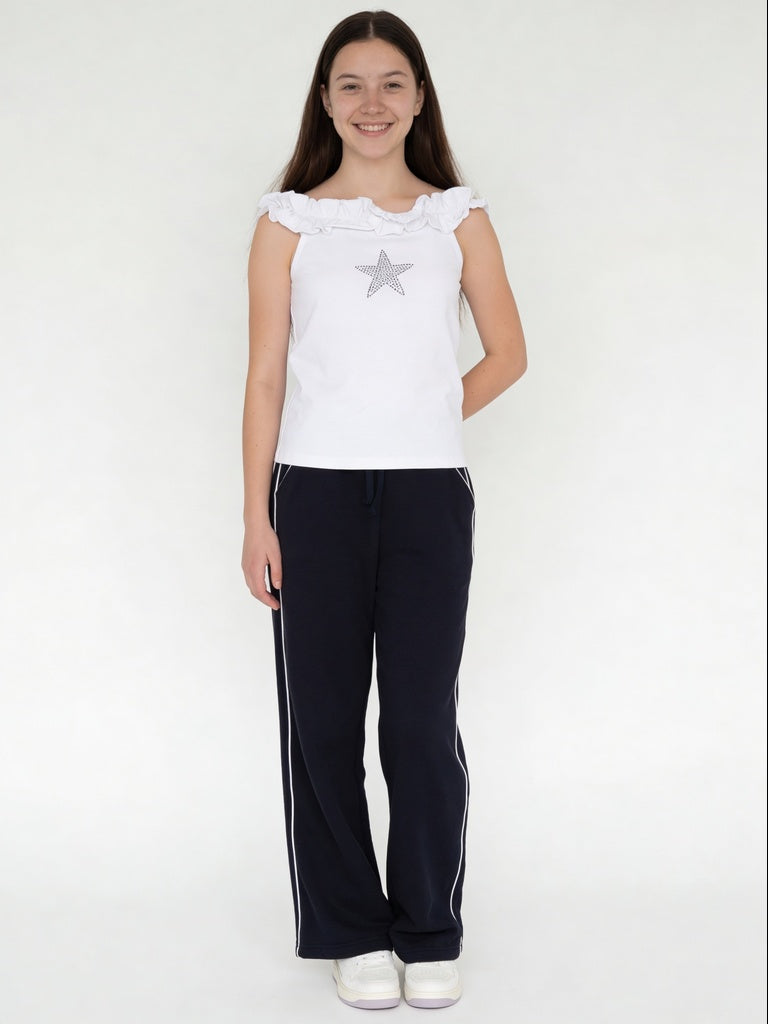 Girls Black Piping Detail Wide-Leg Cotton-Blend Track Pants