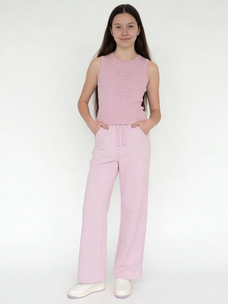 Girls Pink Piping Detail Wide-Leg Cotton-Blend Track Pants