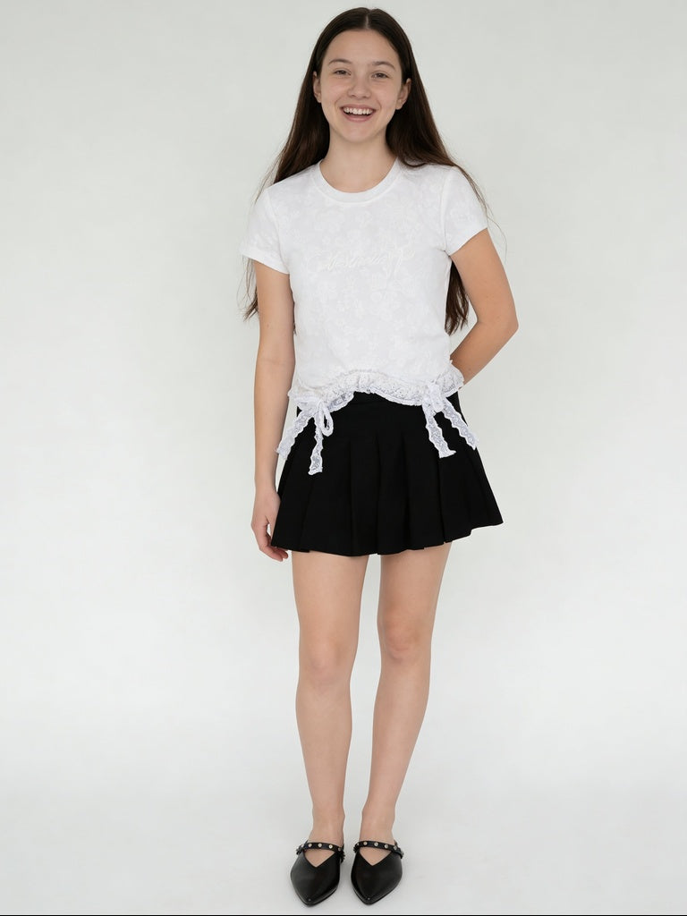 Girls Black Chintz Finish Pleated Skirt