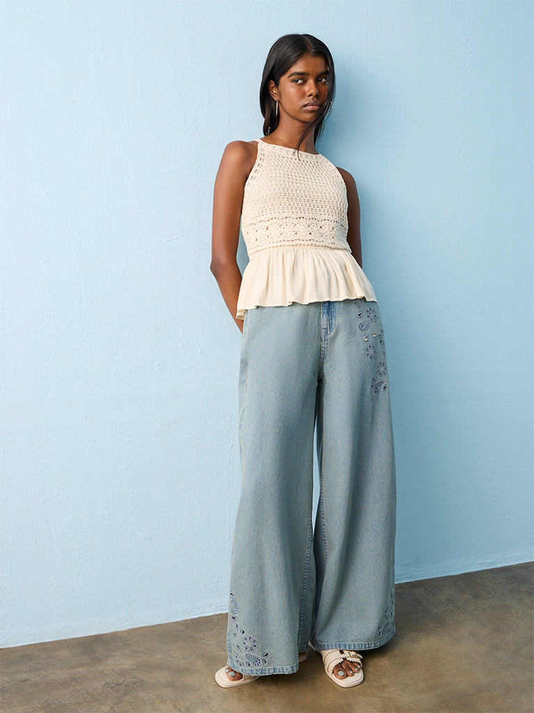 Bombay Paisley Blue Floral-Detail High-Rise Jeans