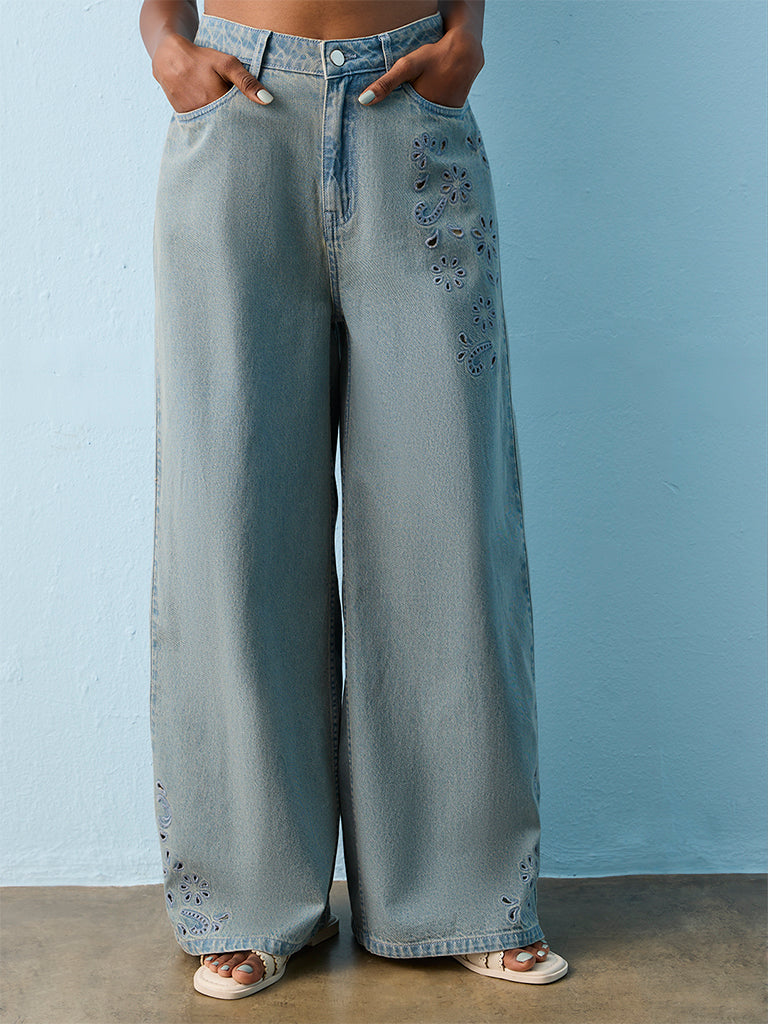 Bombay Paisley Blue Floral-Detail High-Rise Jeans
