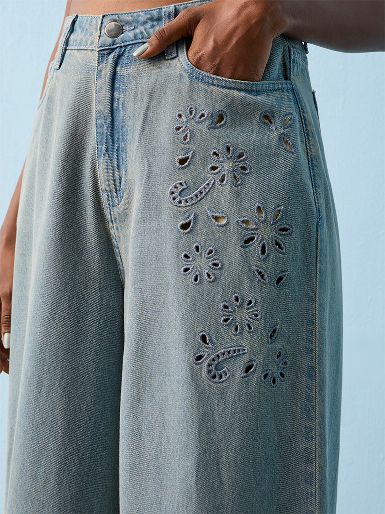 Bombay Paisley Blue Floral-Detail High-Rise Jeans
