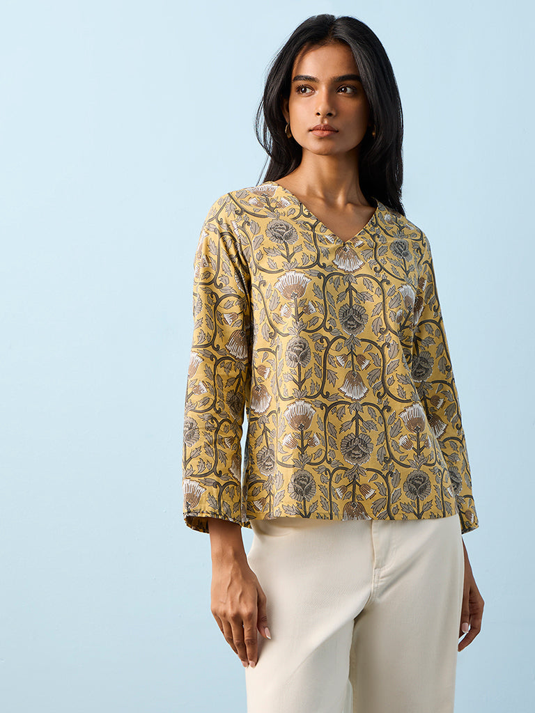 Utsa Mustard Foliage Printed Cotton Tunic