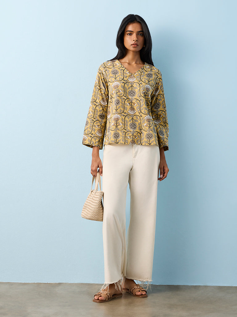 Utsa Mustard Foliage Printed Cotton Tunic