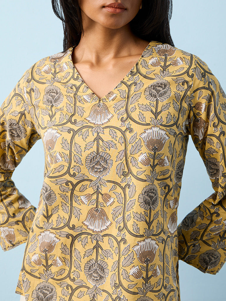 Utsa Mustard Foliage Printed Cotton Tunic