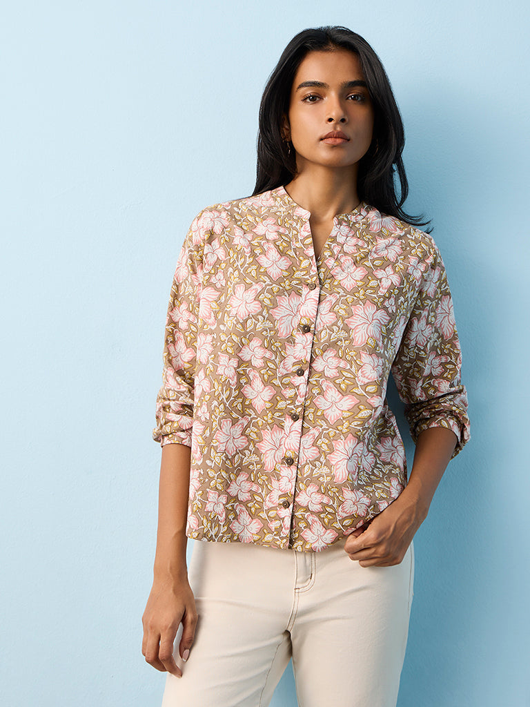 Utsa Taupe Floral Design Cotton Tunic