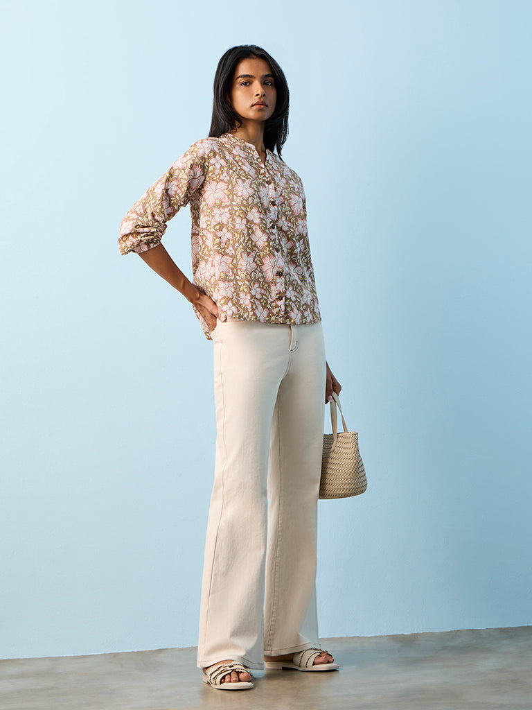 Utsa Taupe Floral Design Cotton Tunic