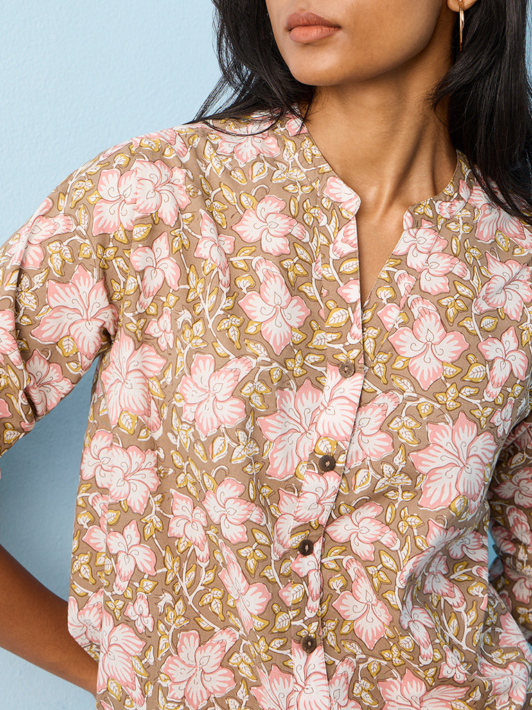 Utsa Taupe Floral Design Cotton Tunic
