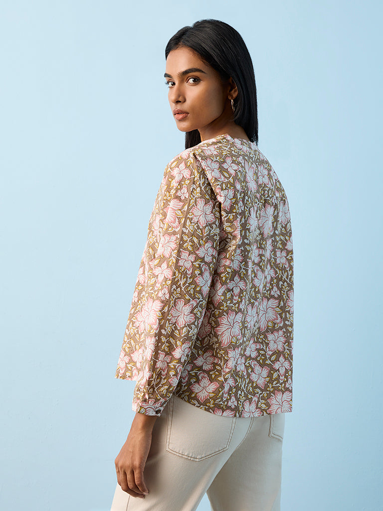 Utsa Taupe Floral Design Cotton Tunic