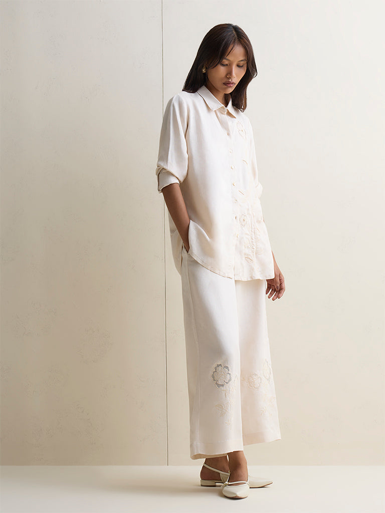 Zuba Off-White Floral Embroidered Pants