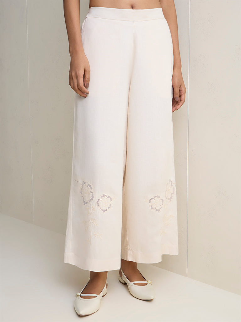 Zuba Off-White Floral Embroidered Pants