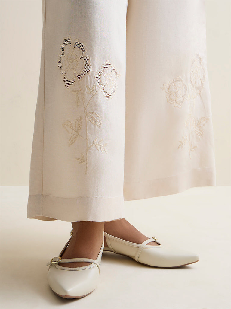 Zuba Off-White Floral Embroidered Pants