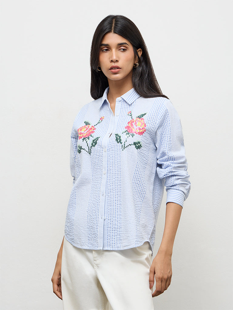 LOV Blue Seersucker-Textured Cotton Shirt